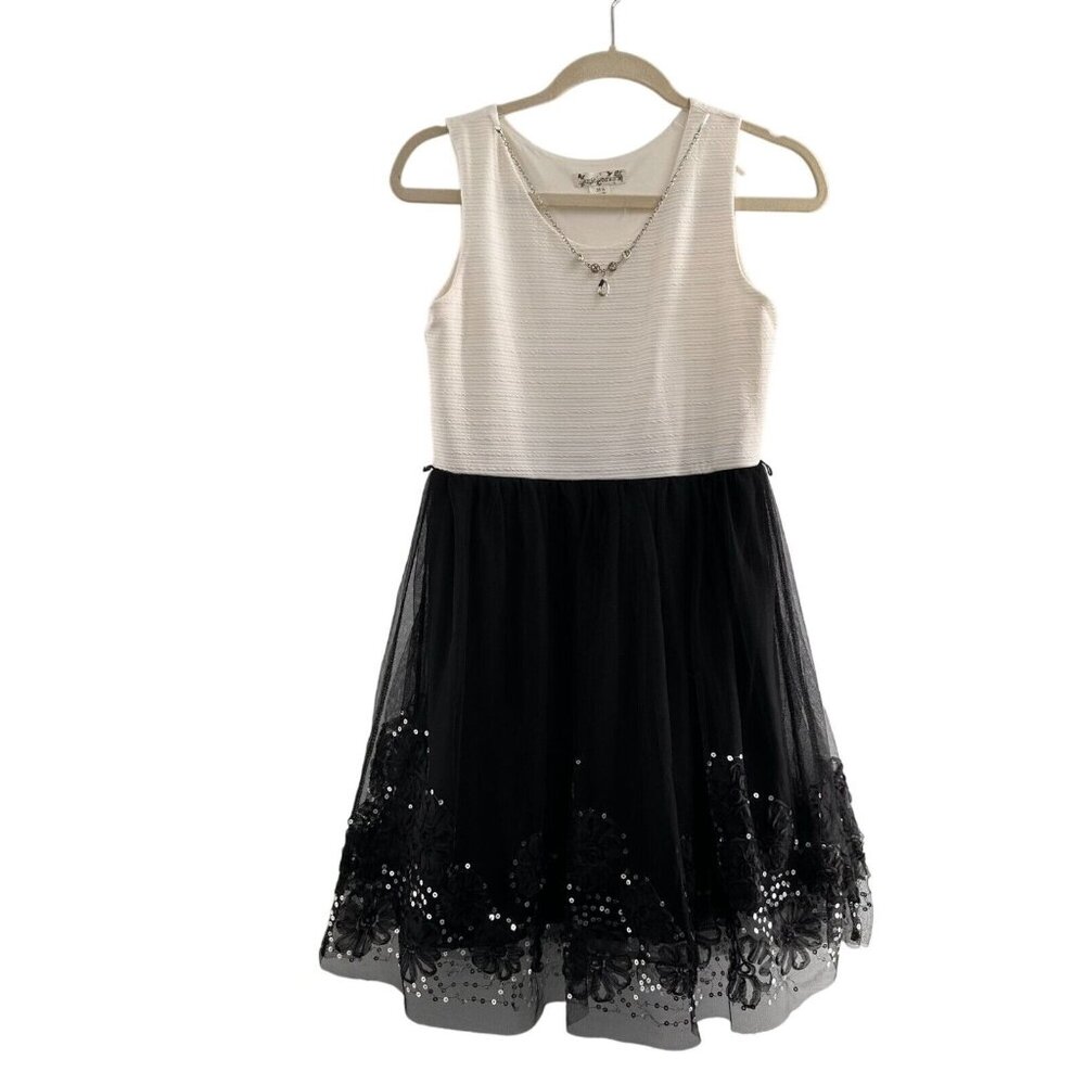 Knitworks Girls White & Black Sleeveless Dress 16‎ 1/2 Necklace Tulle Holiday